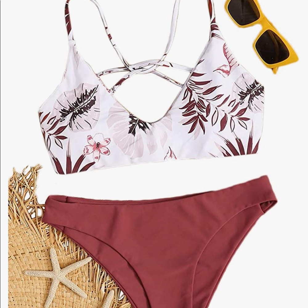 Floral Print Cross Back Bikini Set- Women's Swimsuits